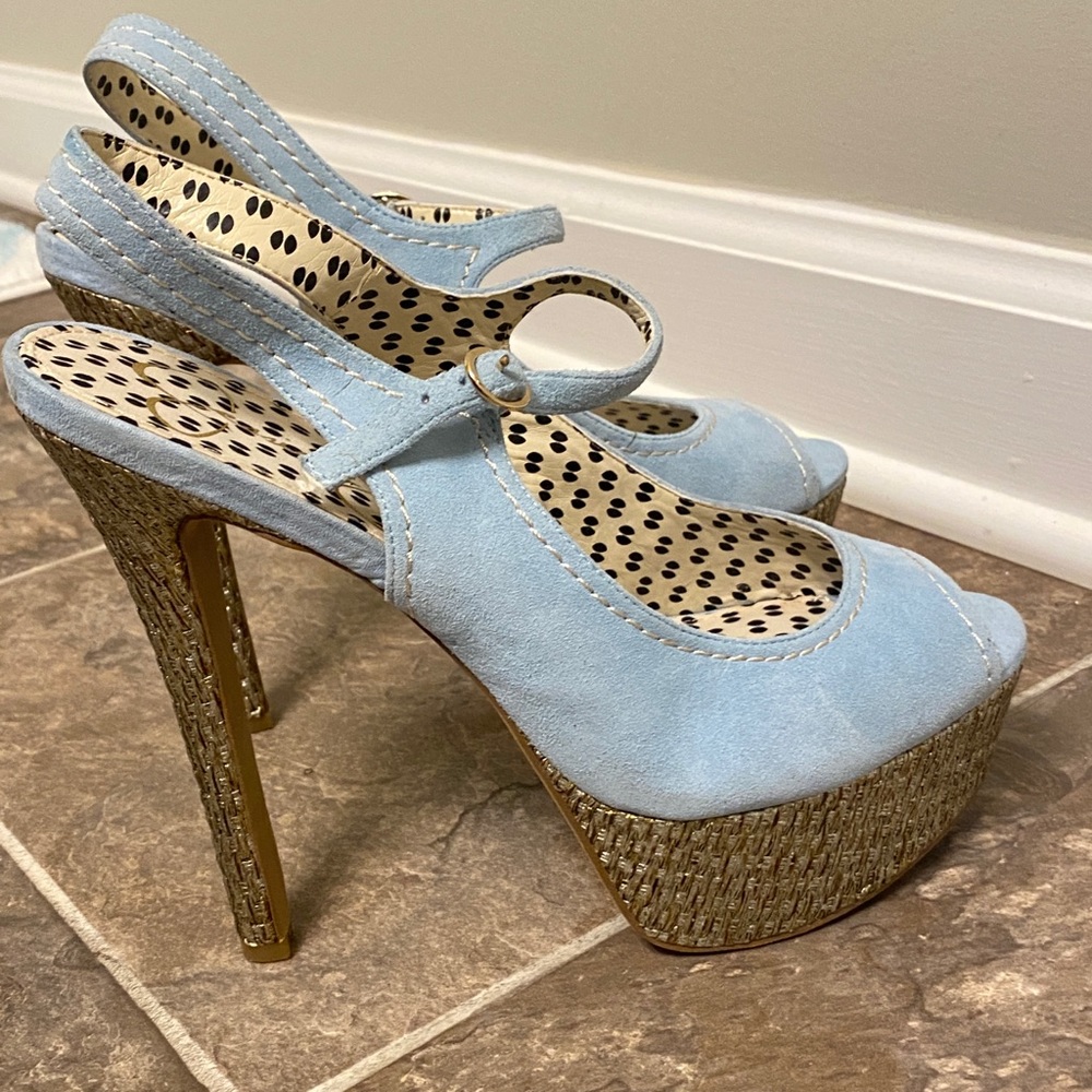 Jessica Simpson Eddy blue suede peep toe heels. - Picture 8 of 15